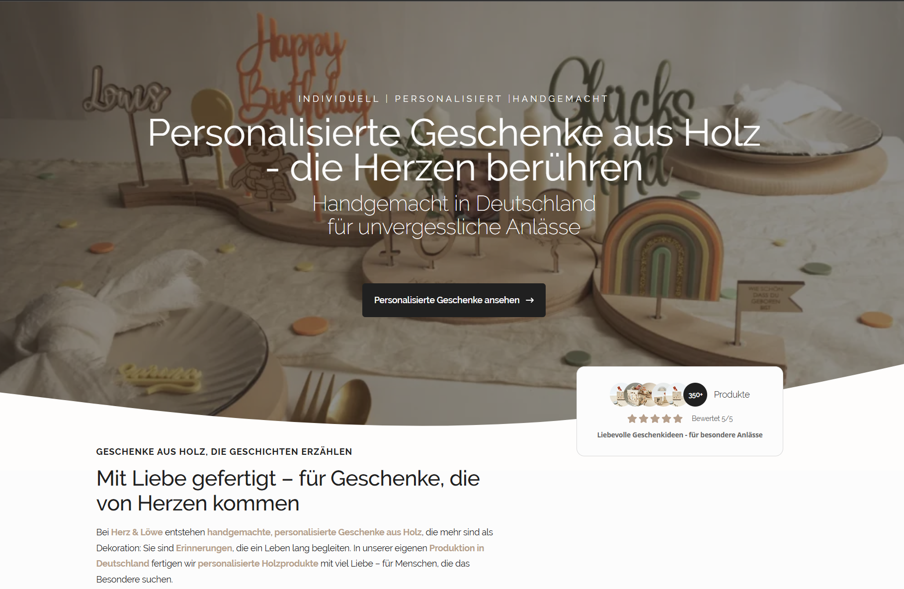 Hero Section der Herz und Löwe Shopify Website