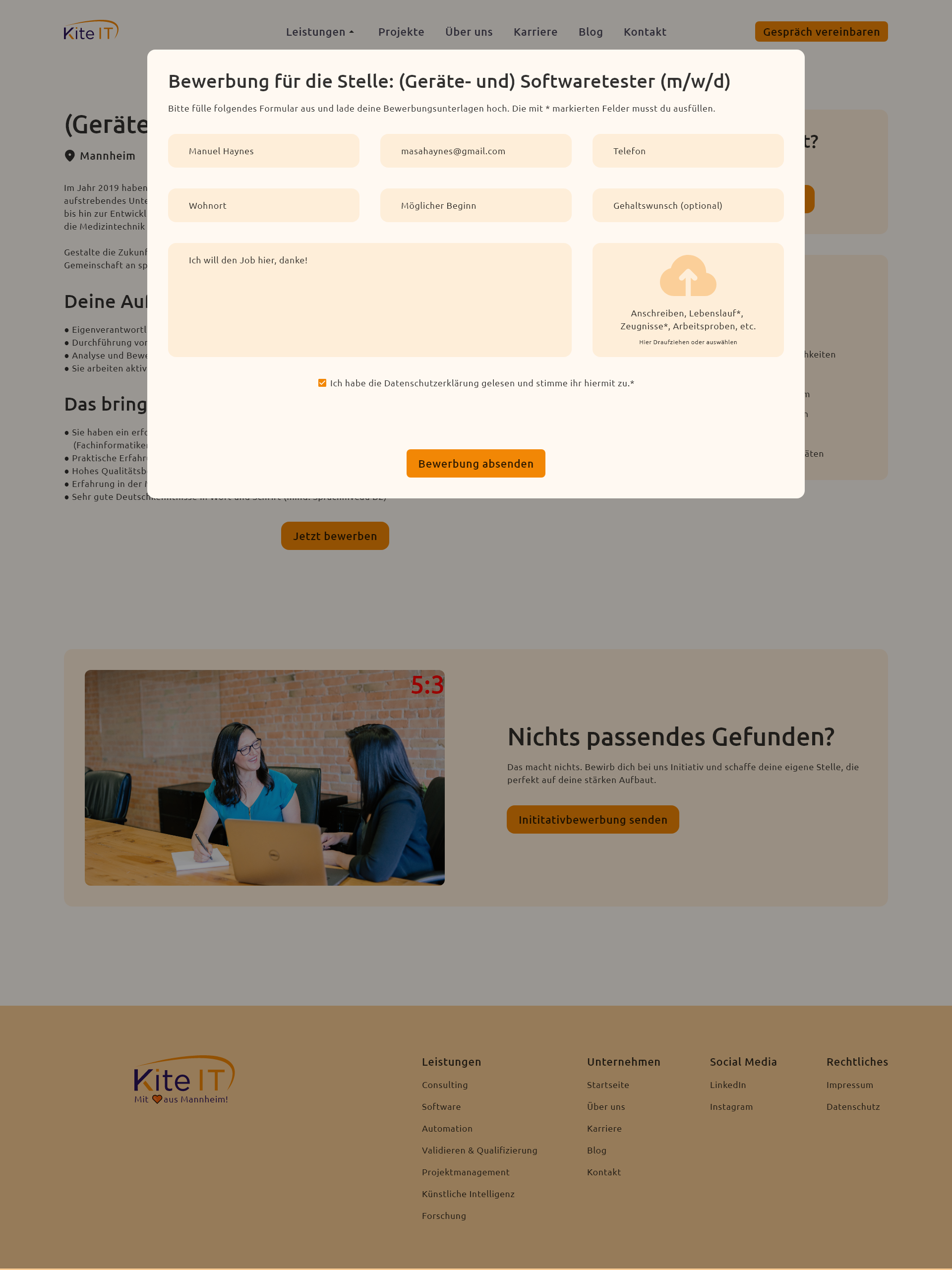 Bewerbungsmodal mit Formular