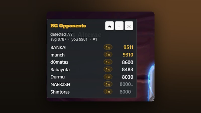 LobbyLens-Overlay mit Gegner-MMR und Begegnungszähler in einer Battlegrounds-Lobby