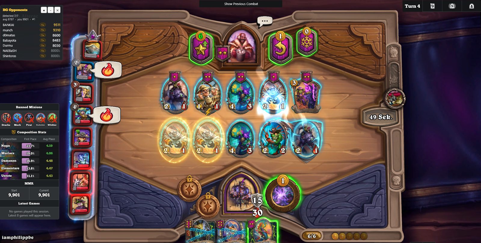 LobbyLens im laufenden Hearthstone-Battlegrounds-Match, das Overlay oben links
