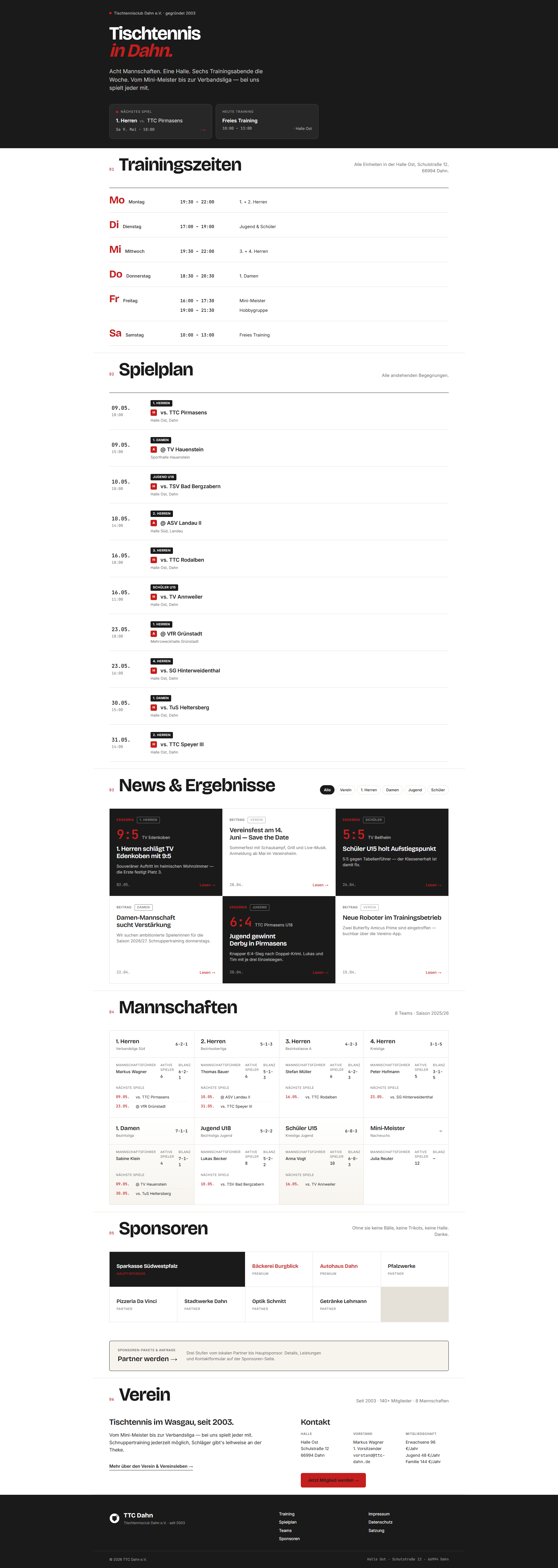 Screenshot der TTC Dahn Website Homepage